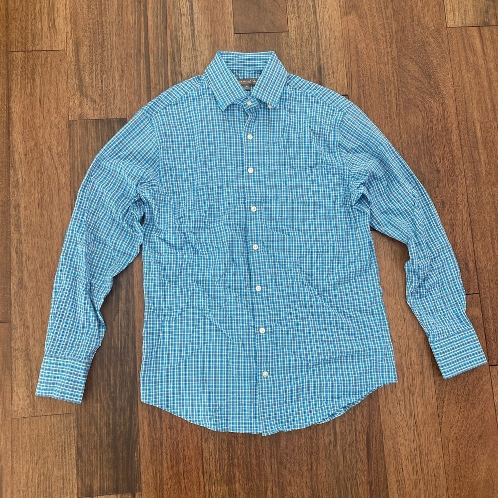 Peter Millar Dress Shirt Men's Medium Long Sleeve Button-Up Blue Check
